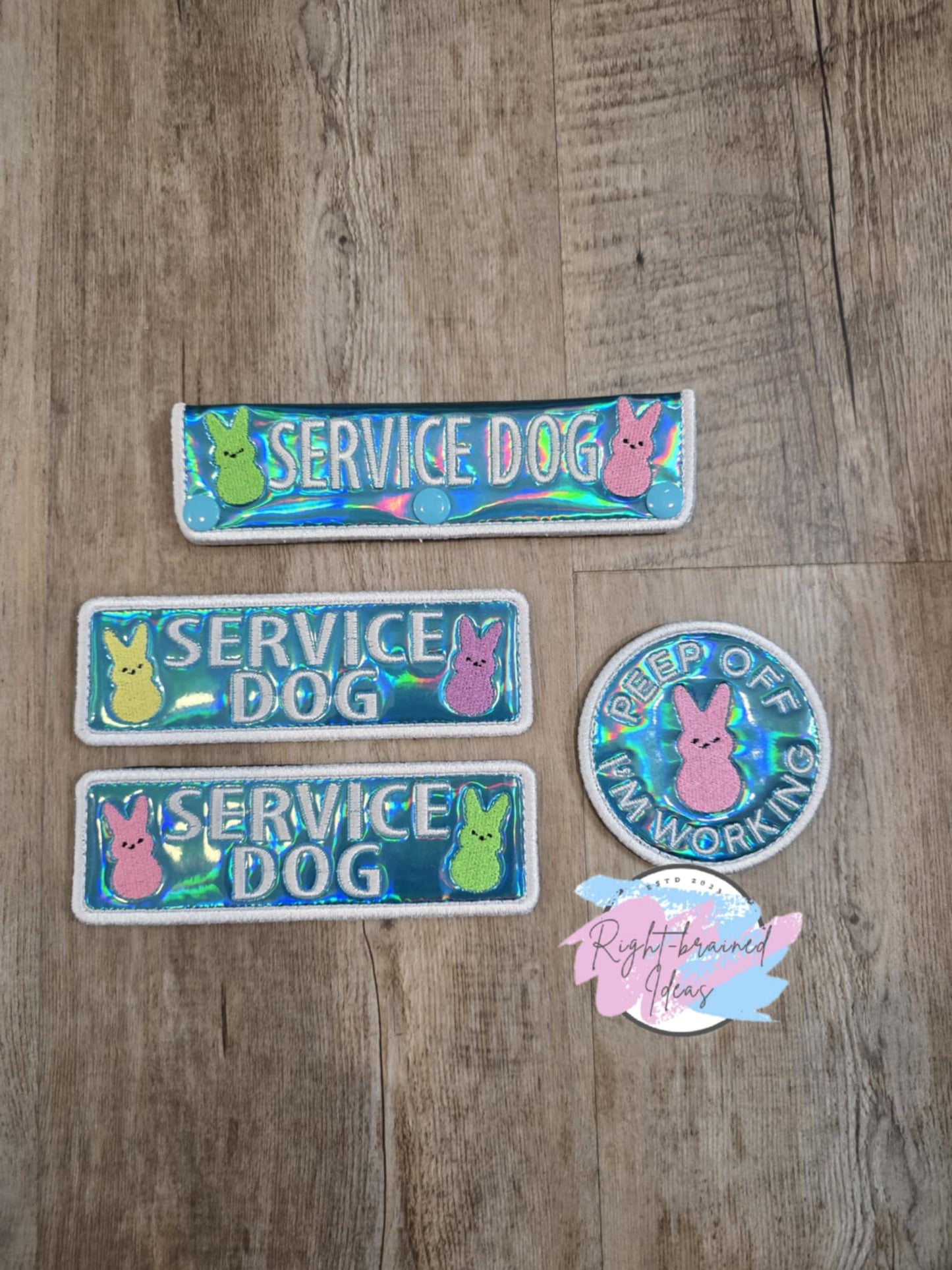 Easter Bunny Marshmallow Candy Inspired Service Dog White on Teal Holographic Vinyl Four-piece Patch and Leash Wrap Set