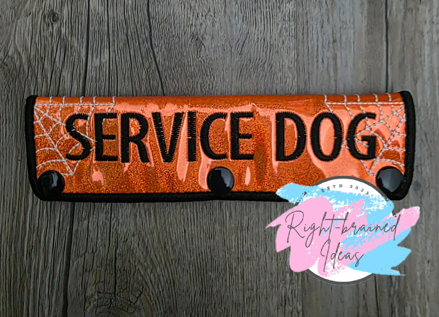 Creepy Crawly Inspired Service Dog Glow-In-The-Dark White And Black On Sparkle Neon Orange Holographic Vinyl Leash Wrap