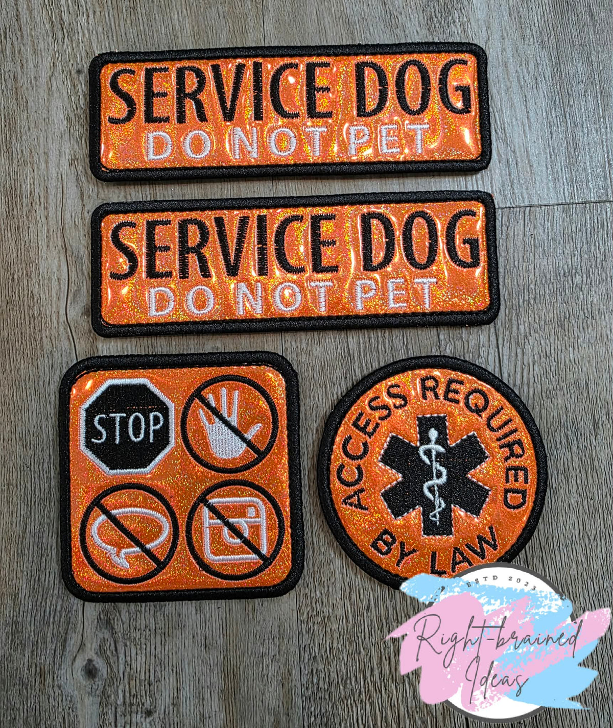 Service Dog Do Not Pet Black And White On Sparkle Orange Holographic Vinyl Four-piece Patch Set
