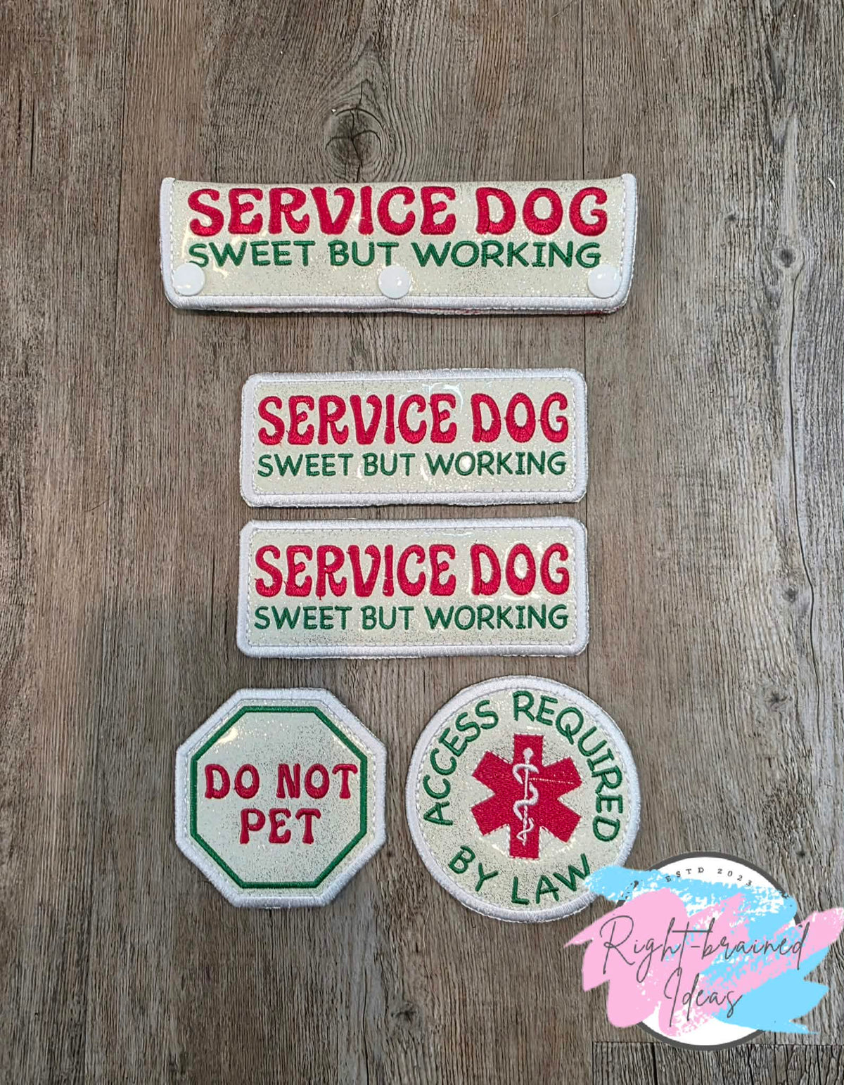 Peppermint Inspired Fun Size Service Dog Sweet But Working Red And Green On Sparkle White Vinyl Five-piece Patch And Leash Wrap Set