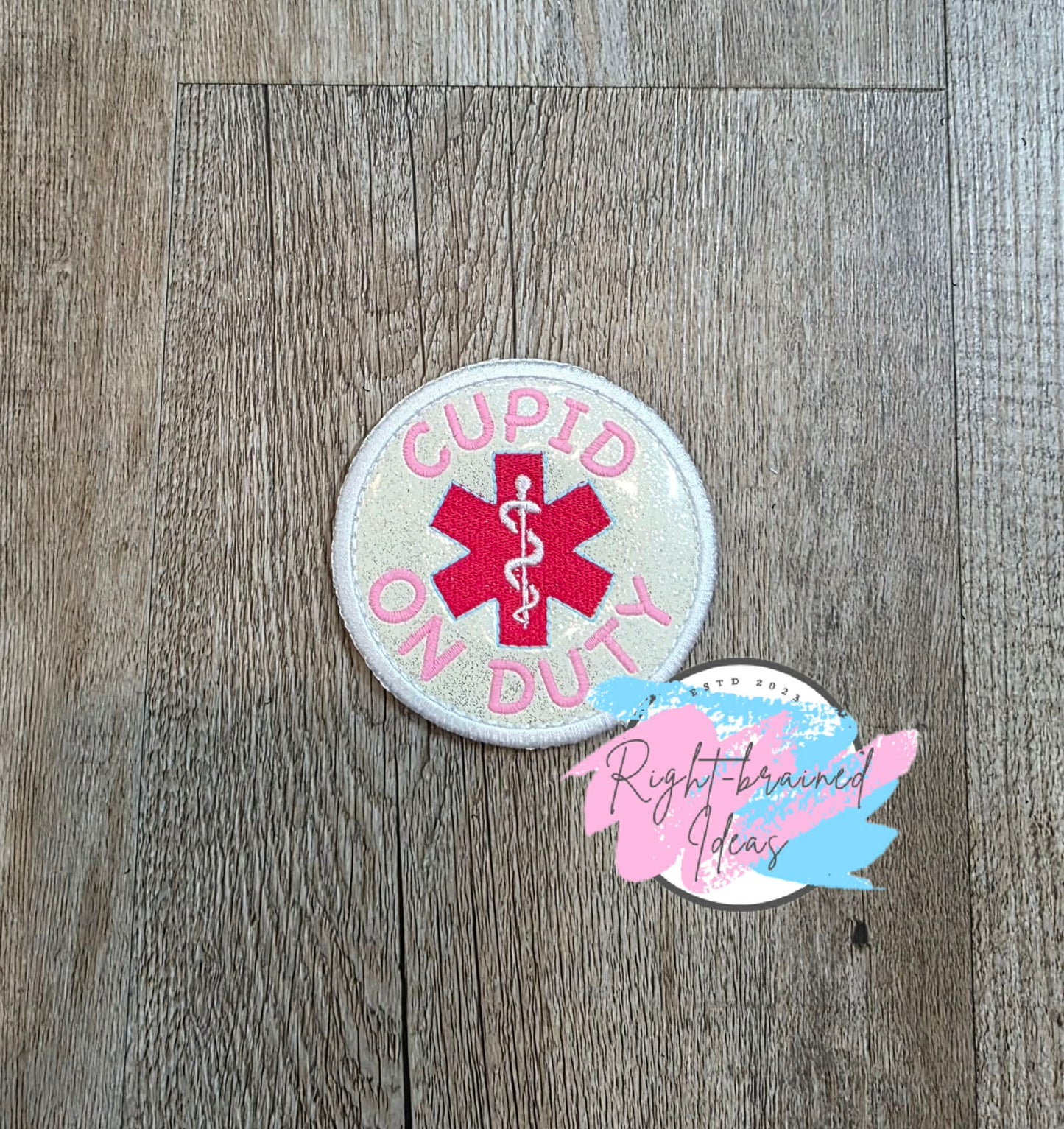 Frosted And Sweet Conversation Heart Inspired Service Dog Working Multi-colored On Sparkle White Vinyl Five-piece Patch and Leash Wrap Set