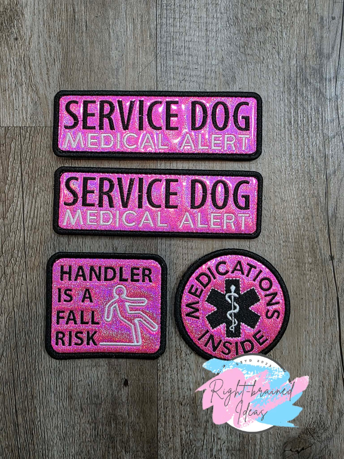 Service Dog Medical Alert Black And White On Sparkle Pink Holographic Vinyl Four-piece Patch Set