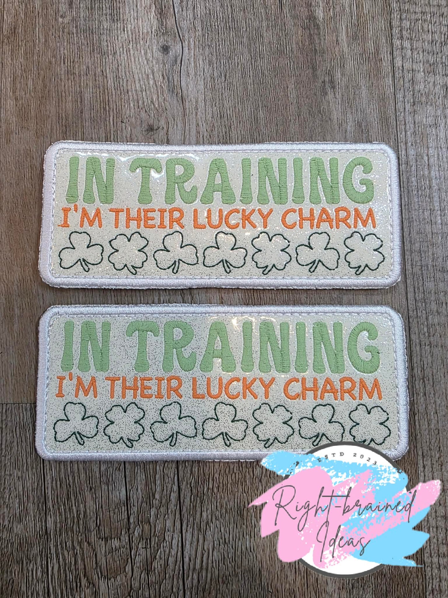 Oversize Shamrock Inspired In Training I'm Their Lucky Charm Flat Matt Mint Green, Flat Matt Forest Green, Flat Matt Orange And White On Sparkle White Vinyl Four-piece Patch Set With Oversized Patches