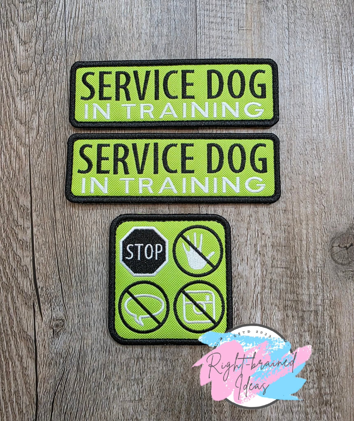 Service Dog In Training Black And White On Lime Green Ottertex Canvas Three-piece Patch Set