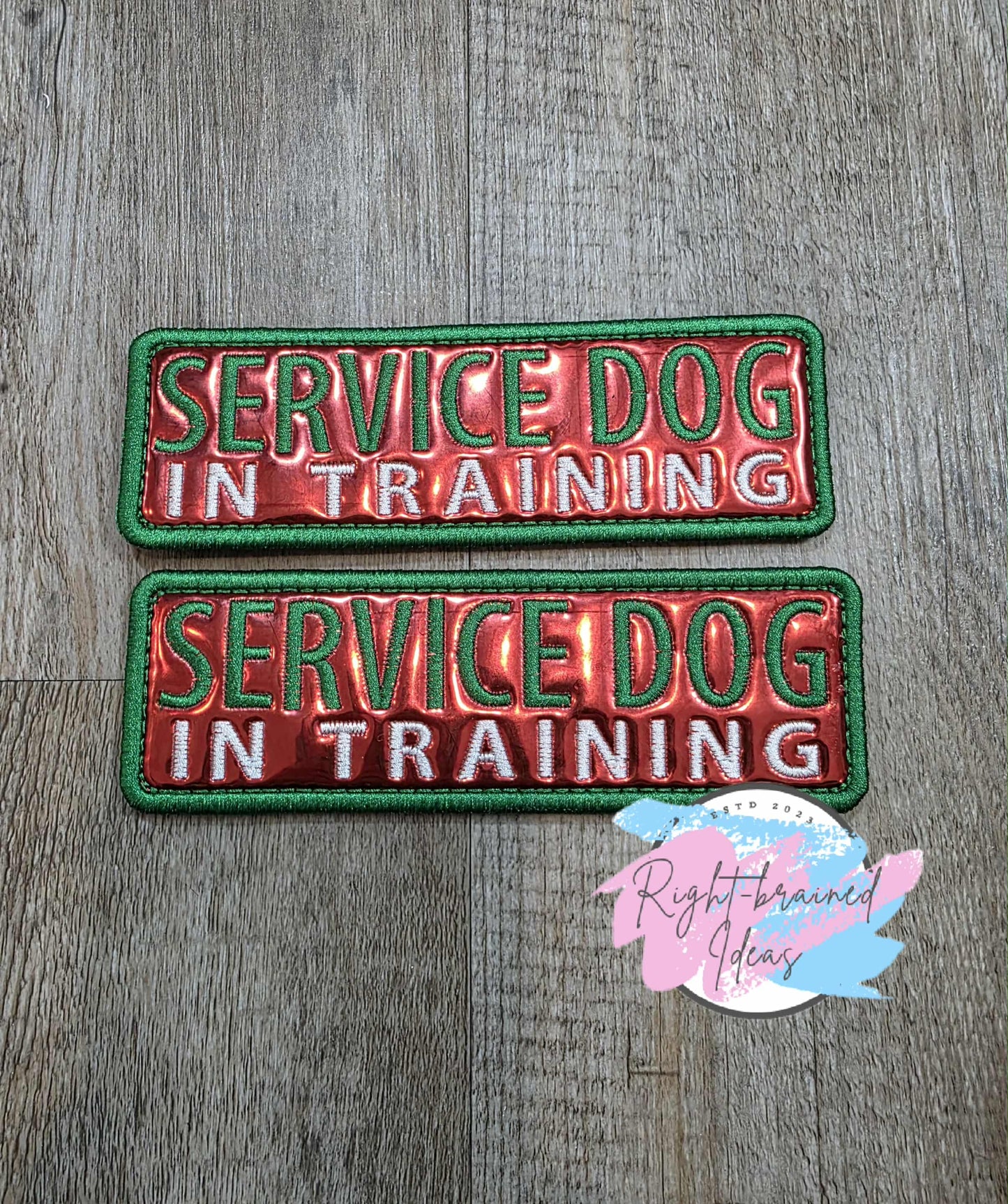 Service Dog In Training Satin Green And White On Red Metallic Red Vinyl Five-piece Patch And Leash Wrap Set