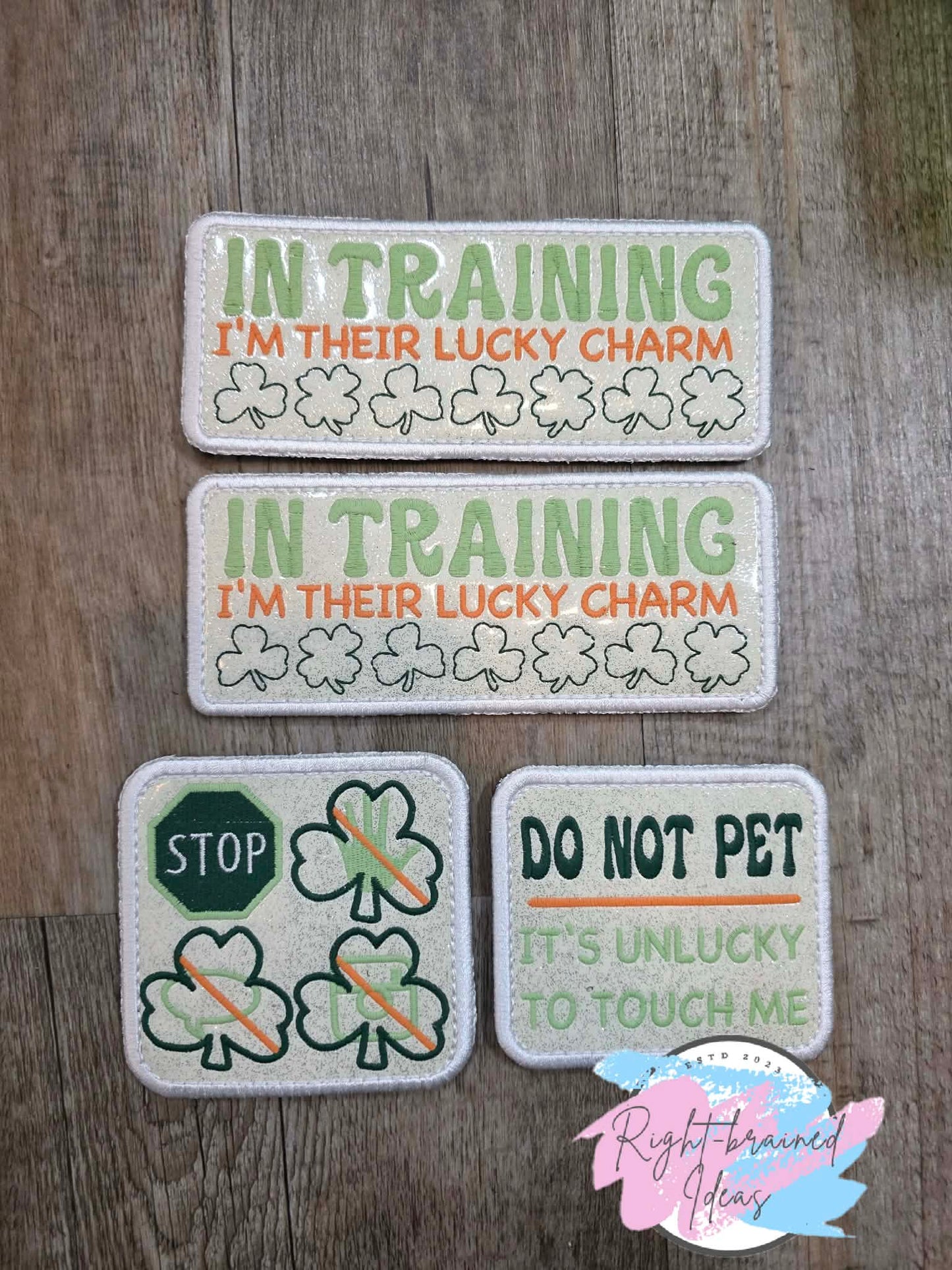 Oversize Shamrock Inspired In Training I'm Their Lucky Charm Flat Matt Mint Green, Flat Matt Forest Green, Flat Matt Orange And White On Sparkle White Vinyl Four-piece Patch Set With Oversized Patches