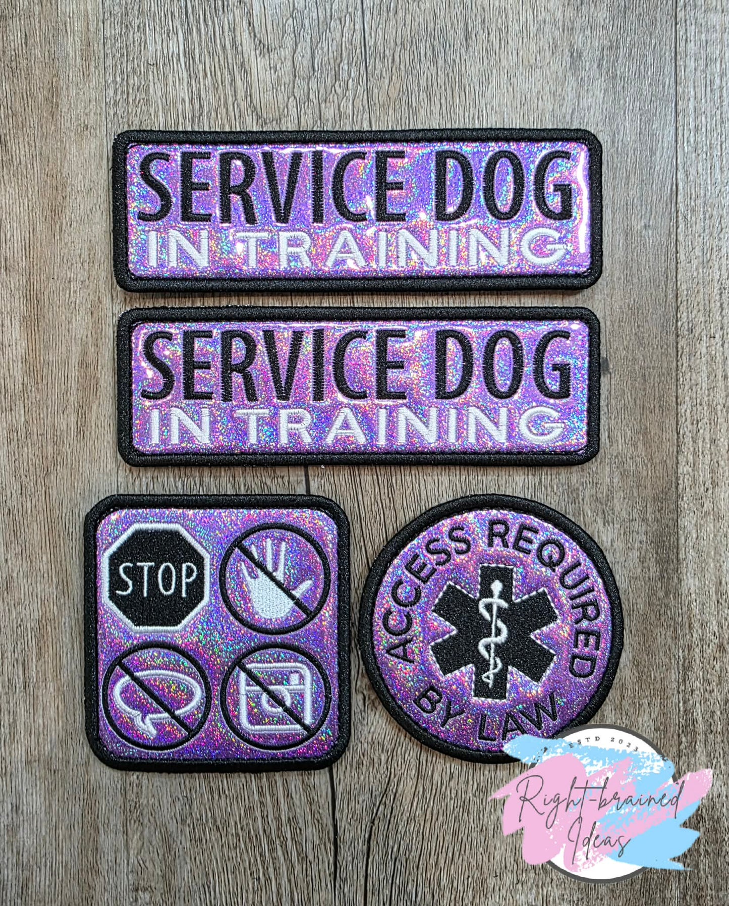 Service Dog In Training White And Black On Sparkle Purple Holographic Vinyl Four-piece Patch Set