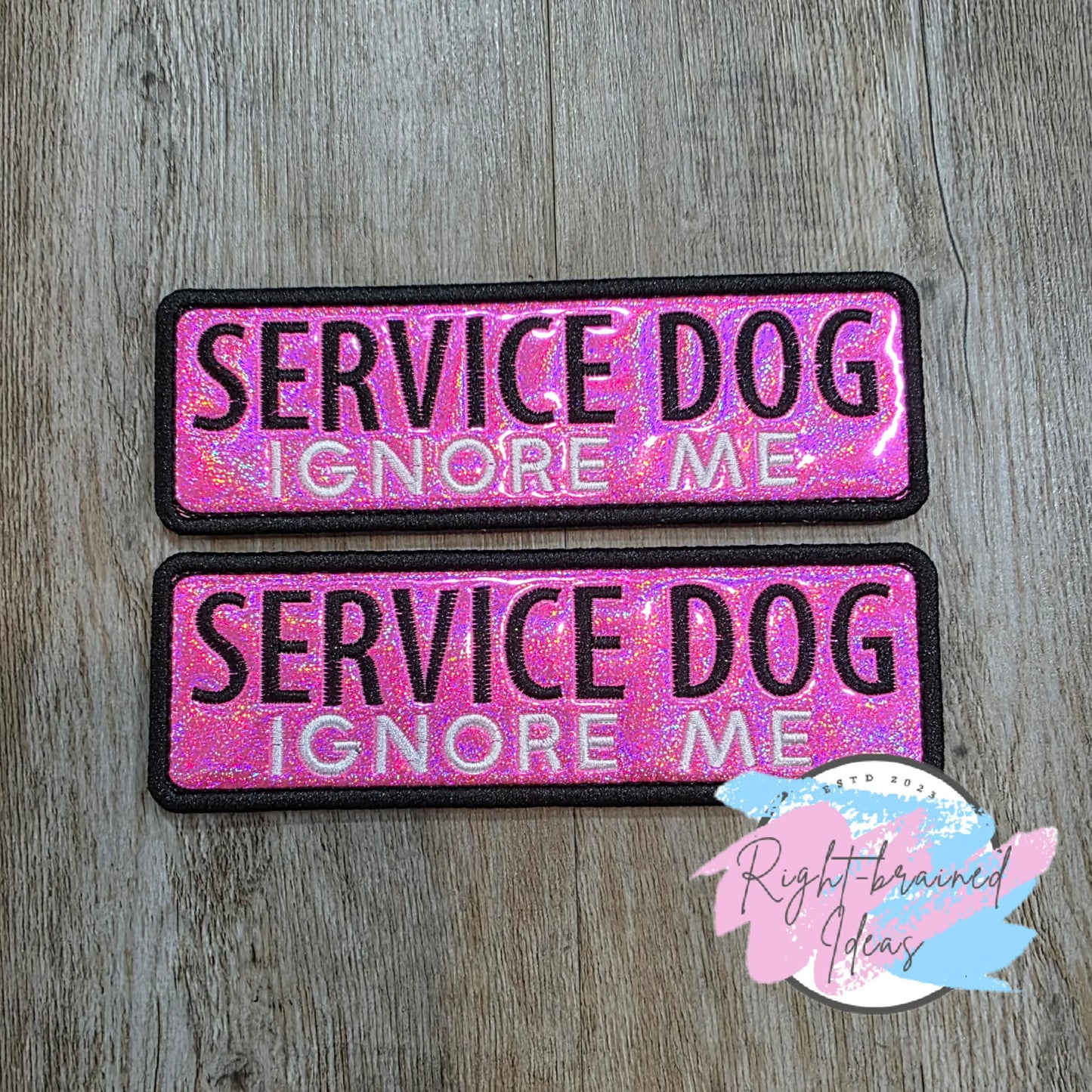 Service Dog Ignore Me White and Black On Sparkle Pink Holographic Vinyl Three-piece Patch Set