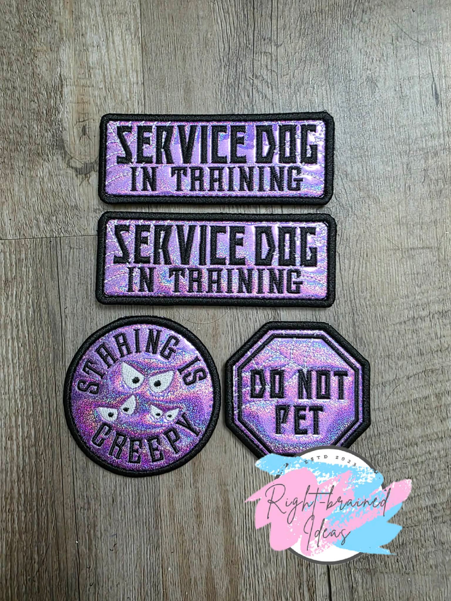 Fun Sized Creepy Crawley Inspired Service Dog In Training Glow-In-The-Dark White And Black On Sparkle Purple Holographic Vinyl Four-piece Patch Set