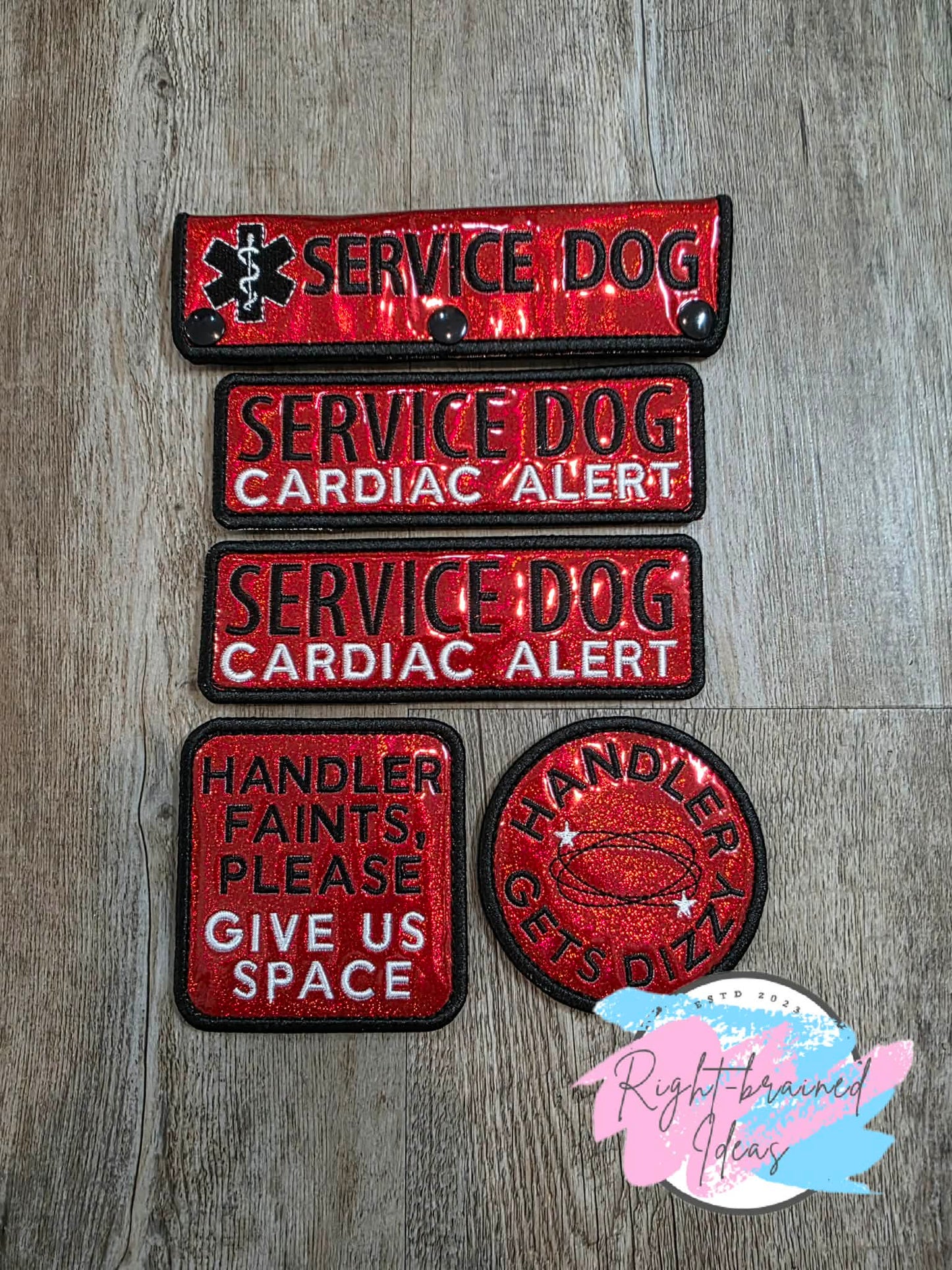 Service Dog Cardiac Alert White And Black On Sparkle Red Holographic Vinyl Five-piece Patch And Leash Wrap Set