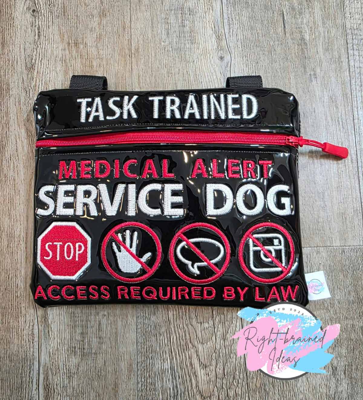 Medical Alert Service Dog Red And White On Shiny Black Vinyl XL Med Bag
