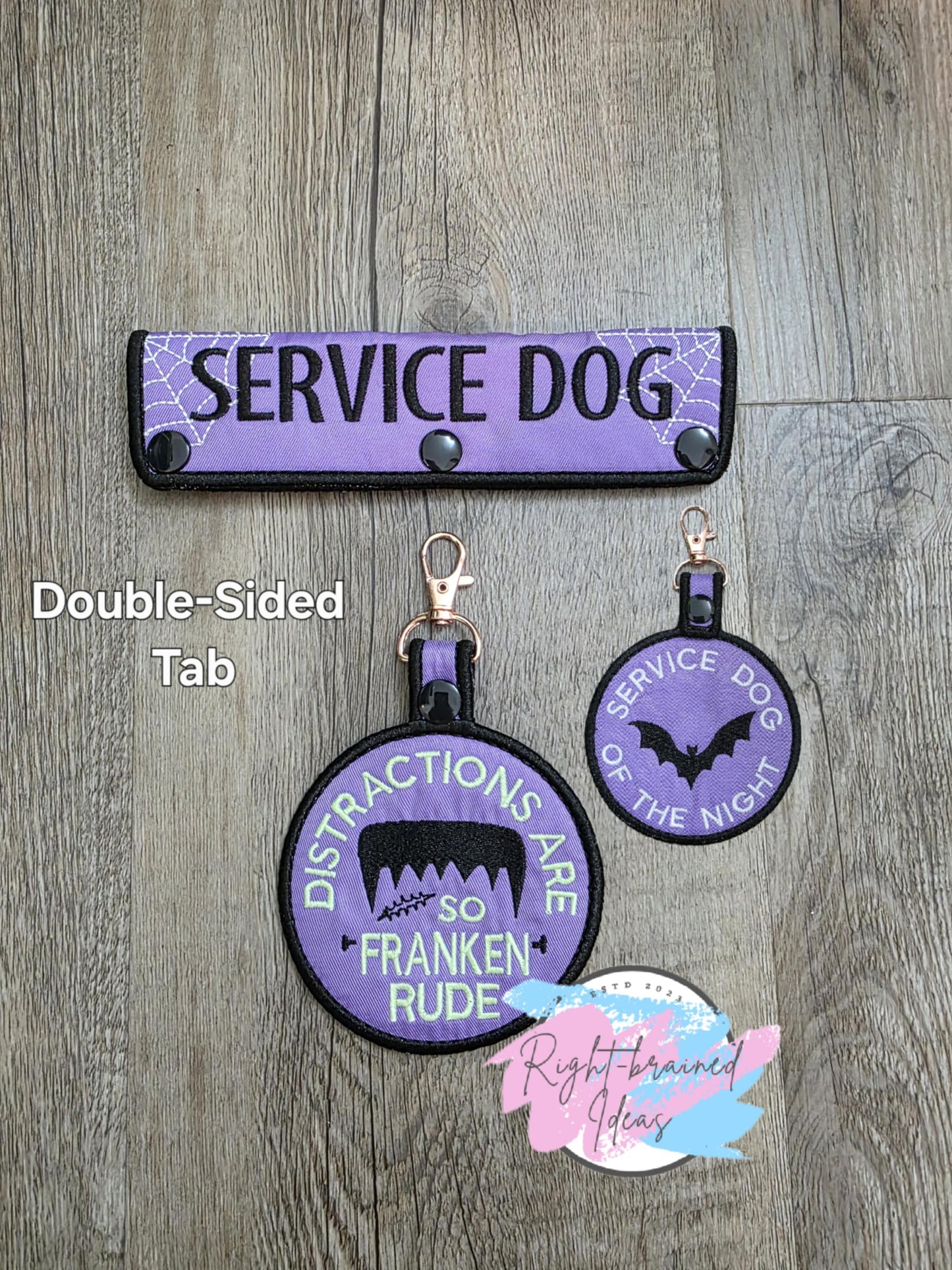 Service Dog Spooky Season Inspired Glow-in-the-Dark and Black on Lightweight High Performance Lavender Twill Two-piece Double-sided Patch Tab And Leash Wrap Set