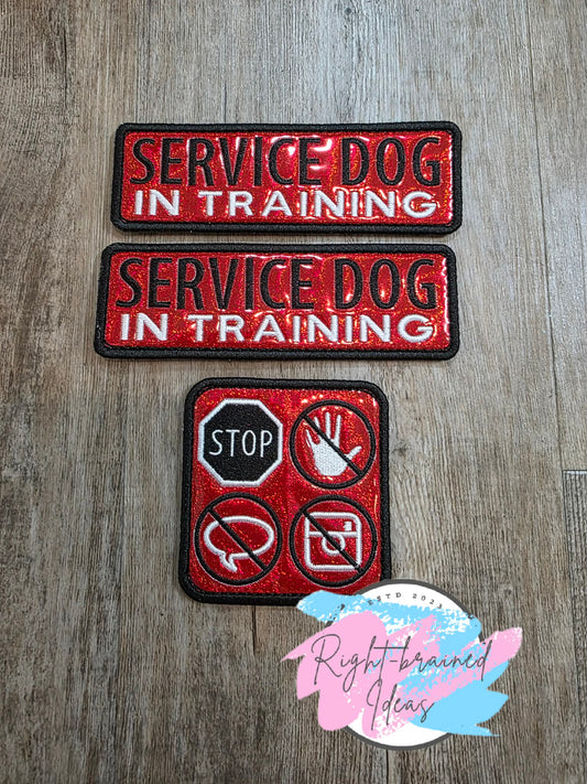 Service Dog In Training Black And White On Sparkle Red Holographic Vinyl Three-piece Patch Set