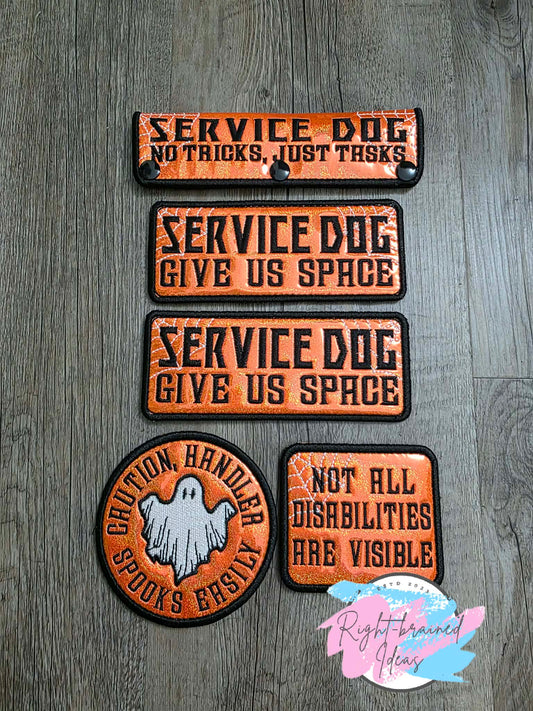 Spooky Season Inspired Service Dog Glow-In-The-Dark White And Black On Sparkle Neon Orange Holographic Vinyl Five-piece Oversized Patch And Leash Wrap Set