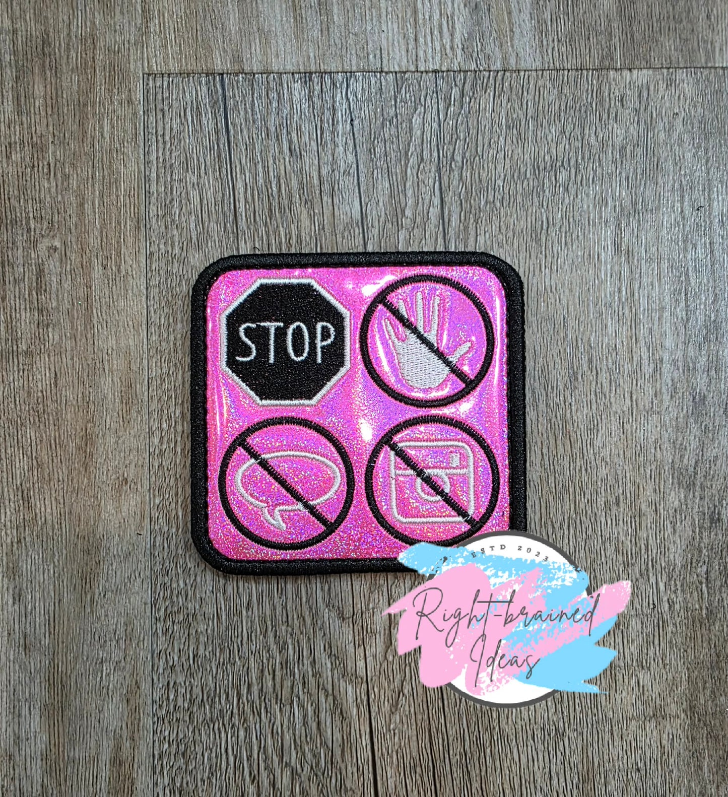 In Training Do Not Distract Black And White On Sparkle Pink Holographic Vinyl Five-piece Patch and Leash Wrap Set