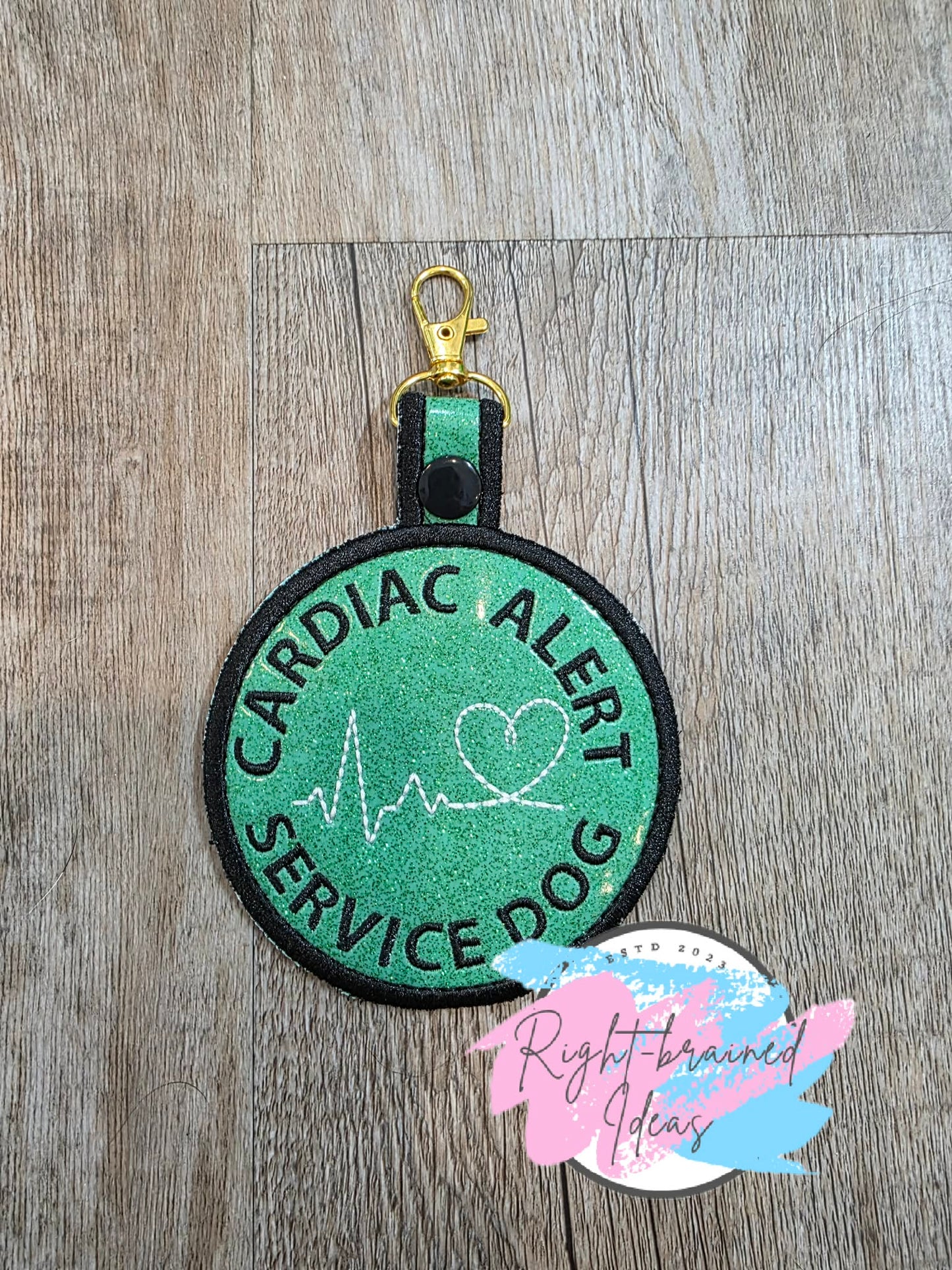 *Minor Flaw* Cardiac Alert Service Dog White And Black On Sparkle Moss Green Vinyl Patch Tab
