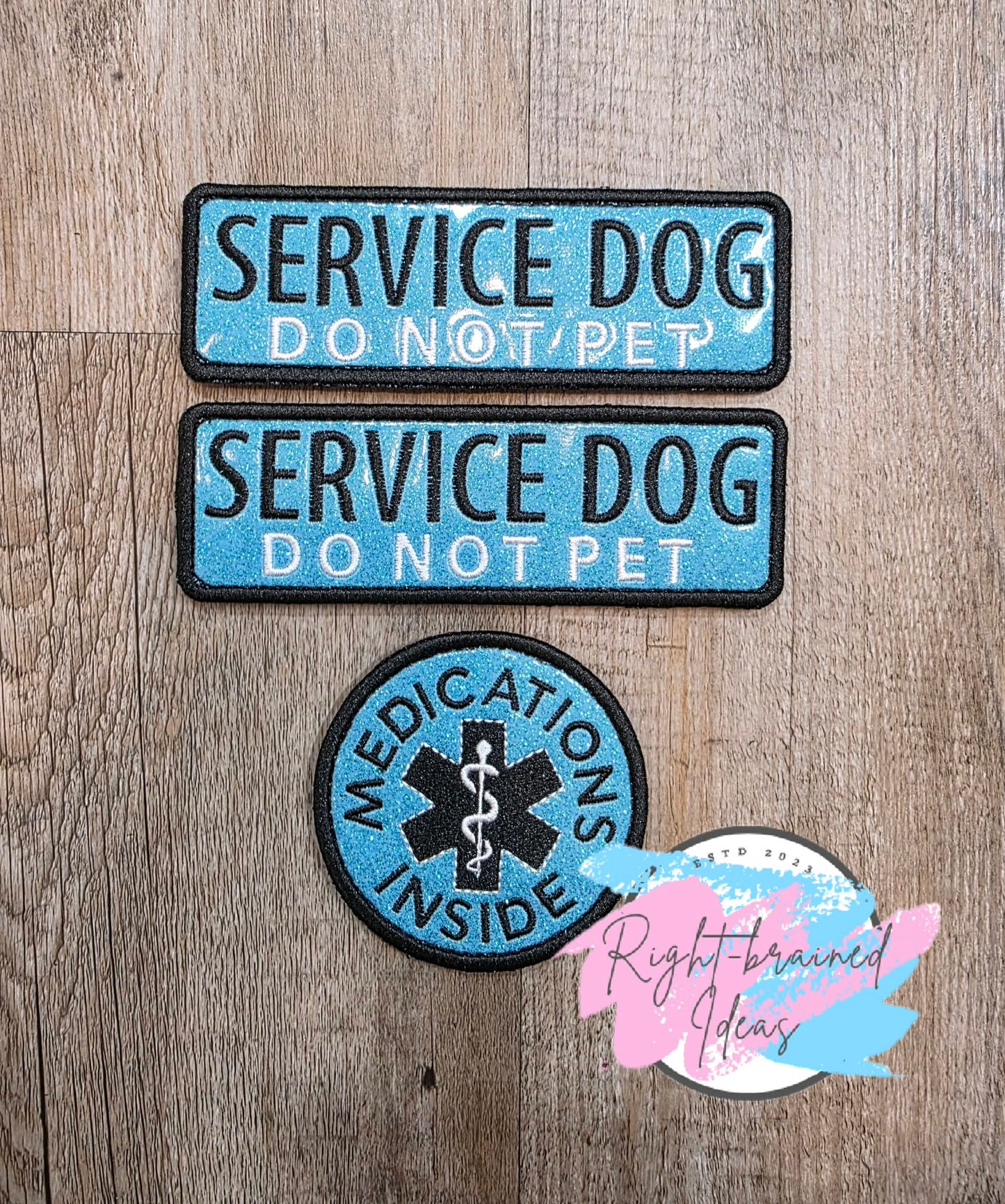 Service Dog Medications Inside White and Black On Sparkle Light Blue Vinyl Three-piece Patch Set