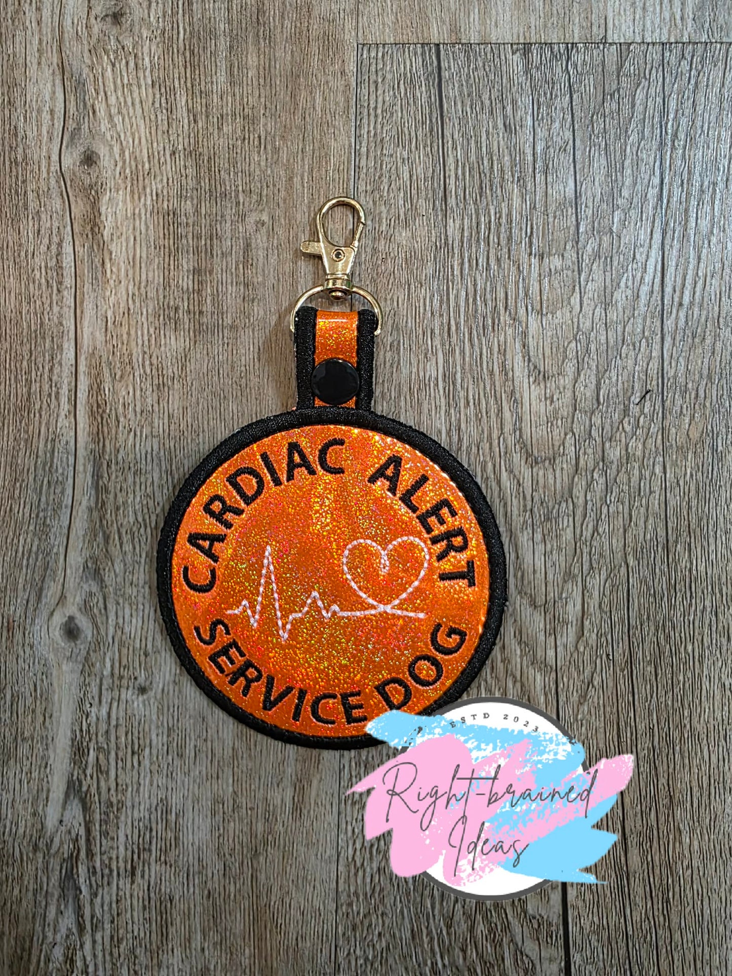 Cardiac Alert Service Dog Black And White On Sparkle holographic Neon Orange Vinyl Patch Tab