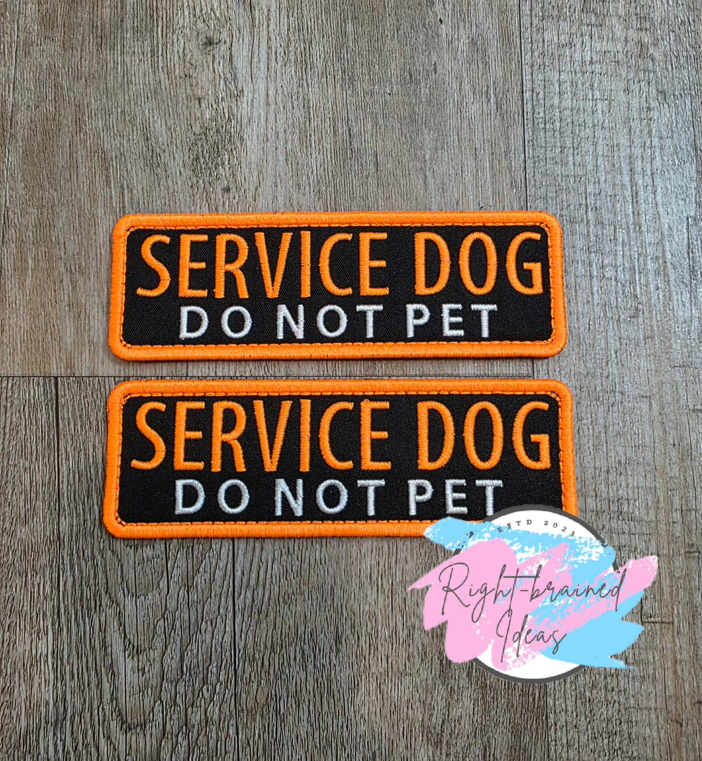 Service Dog Do Not Pet Neon Orange And White On Lightweight High Performance Black Twill Five-piece Patch And Patch Tab Set