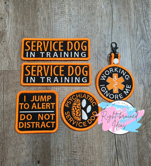 Service Dog In Training Neon Orange And White On Lightweight High Performance Black Twill Five-piece Patch And Patch Tab Set