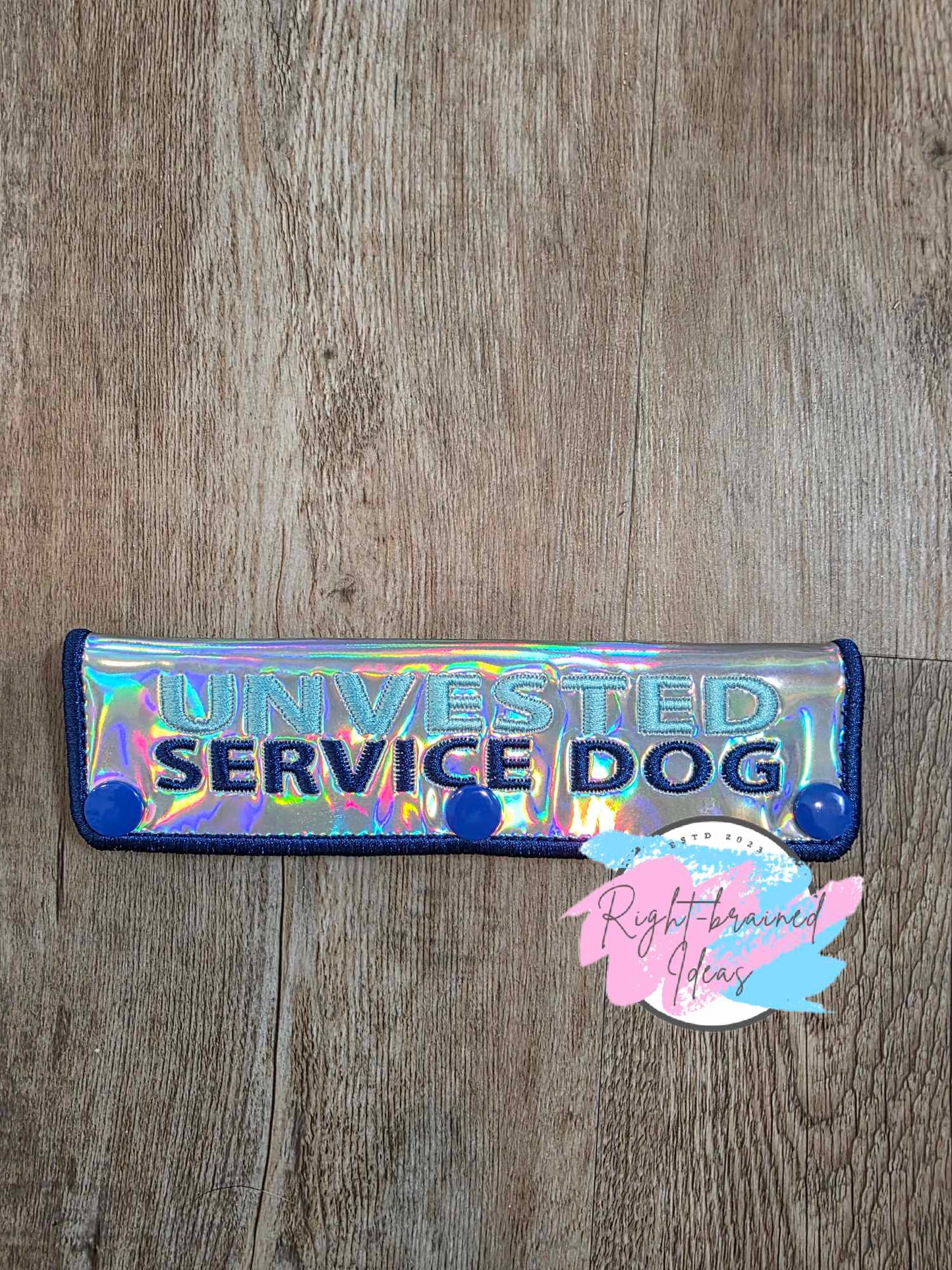Unvested Service Dog Royal and Sky Blue on Silver Holographic Vinyl Two-piece Patch Tab and Leash Wrap Set