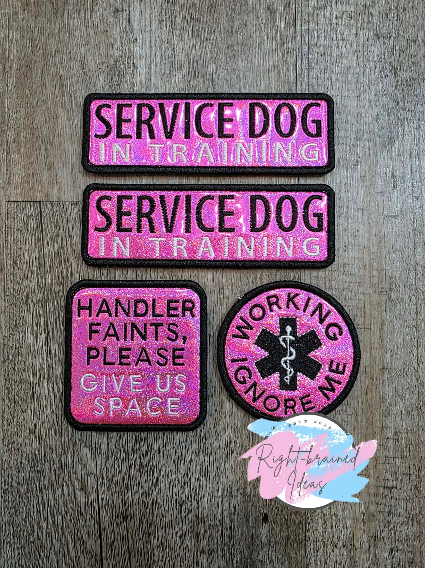 Service Dog In Training Black And White On Sparkle Pink Holographic Vinyl Four-piece Patch Set