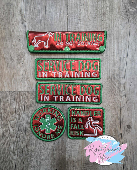 Service Dog In Training Satin Green And White On Red Metallic Red Vinyl Five-piece Patch And Leash Wrap Set