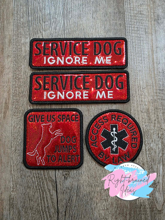 Service Dog Ignore Me White And Black On Sparkle Red Holographic Vinyl Four-piece Patch Set