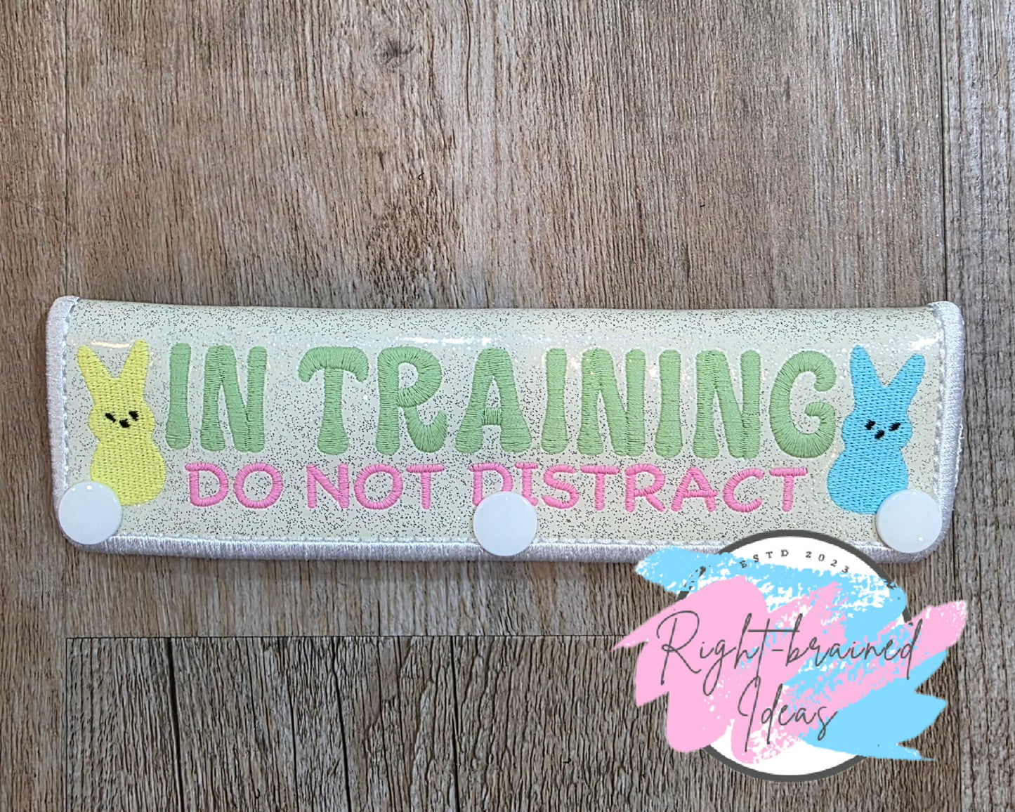 Easter Bunny Marshmallow In Training Do Not Distract On Sparkle White Vinyl Five-piece Oversized Patch And Leash Wrap Set