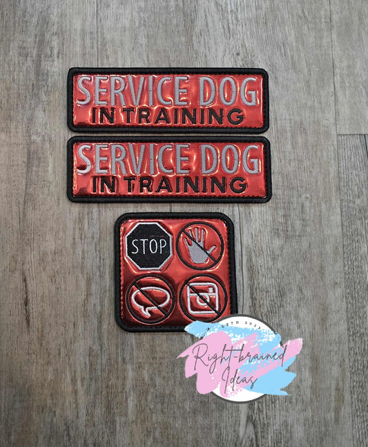 Service Dog In Training Black And White on Metallic Red Vinyl Three-piece Patch Set