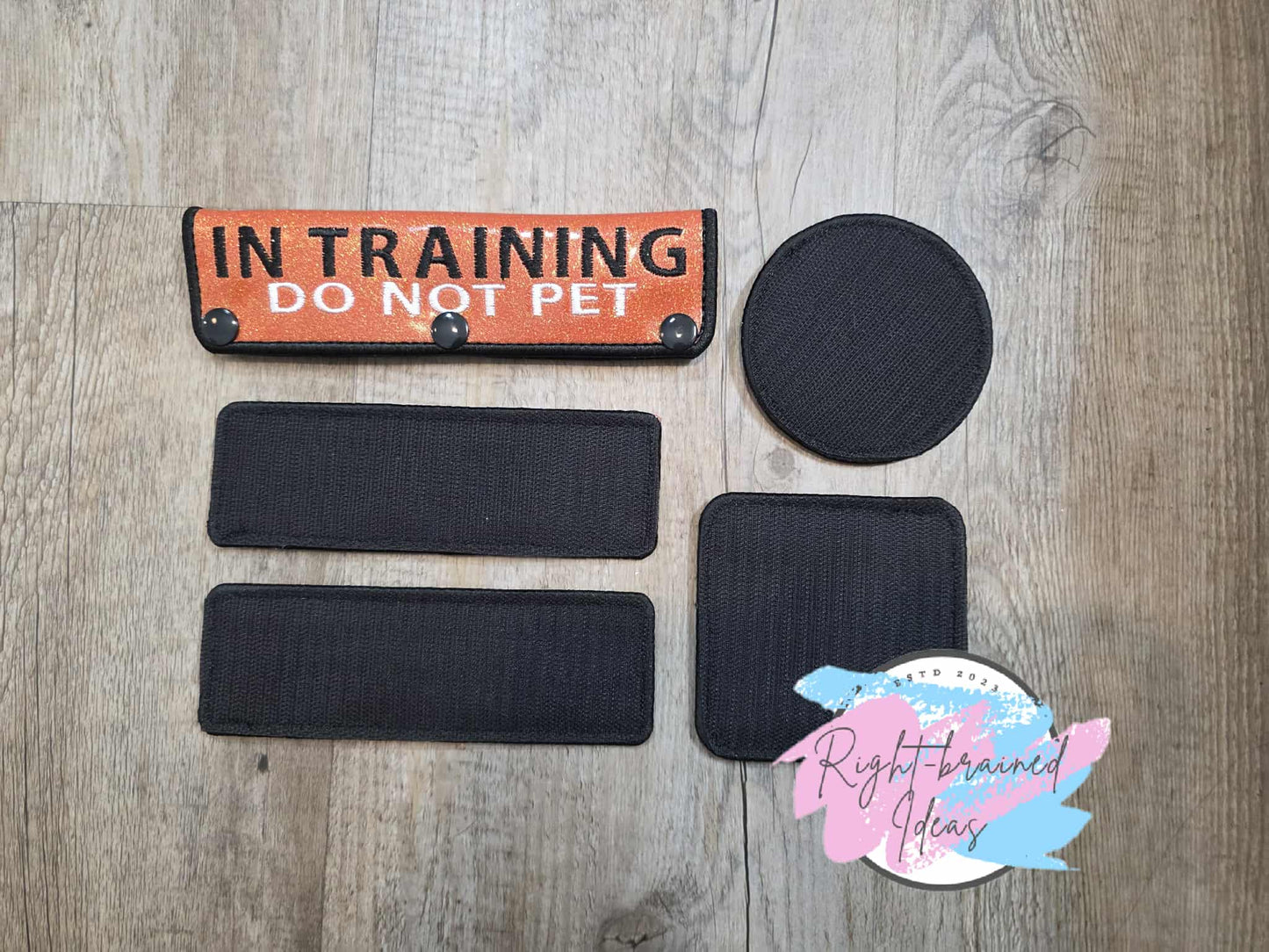 In Training Do Not Pet Black And White On Sparkle Burnt Orange Vinyl Five-piece Patch And Leash Wrap