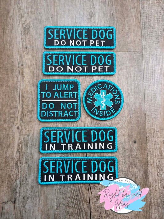Grow-With-Them Service Dog Teal And White On Lightweight High Performance Black Twill Six-piece Patch Set