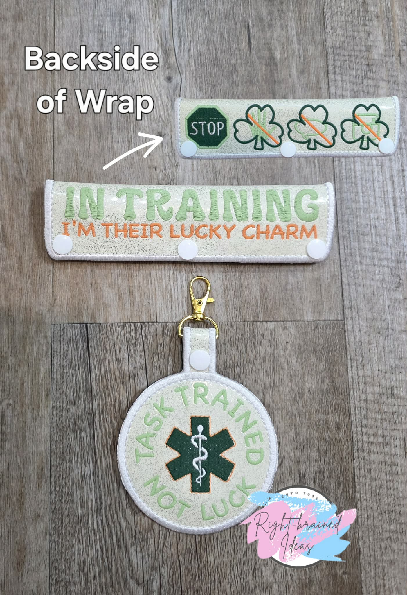 Shamrock Inspired Task Trained Not Luck Flat Matt Mint Green, Flat Matt Forest Green And Flat Matt Orange On Sparkle White Vinyl Two-piece Patch Tab And Leash Wrap Set