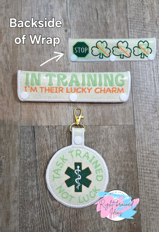 Shamrock Inspired Task Trained Not Luck Flat Matt Mint Green, Flat Matt Forest Green And Flat Matt Orange On Sparkle White Vinyl Two-piece Patch Tab And Leash Wrap Set