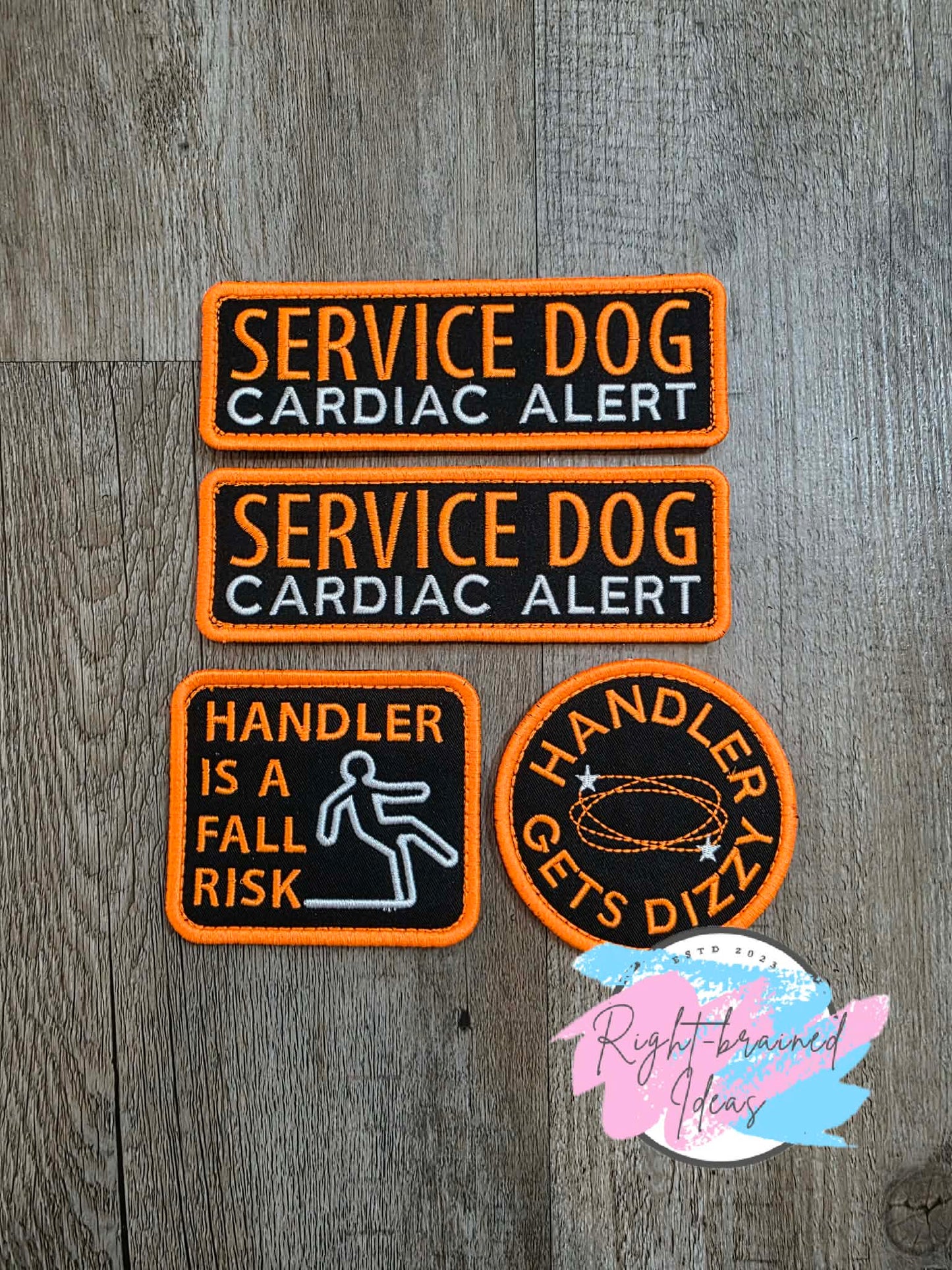 Service Dog Cardiac Alert Neon Orange And White On Lightweight High Performance Black Twill Four-piece Patch Set
