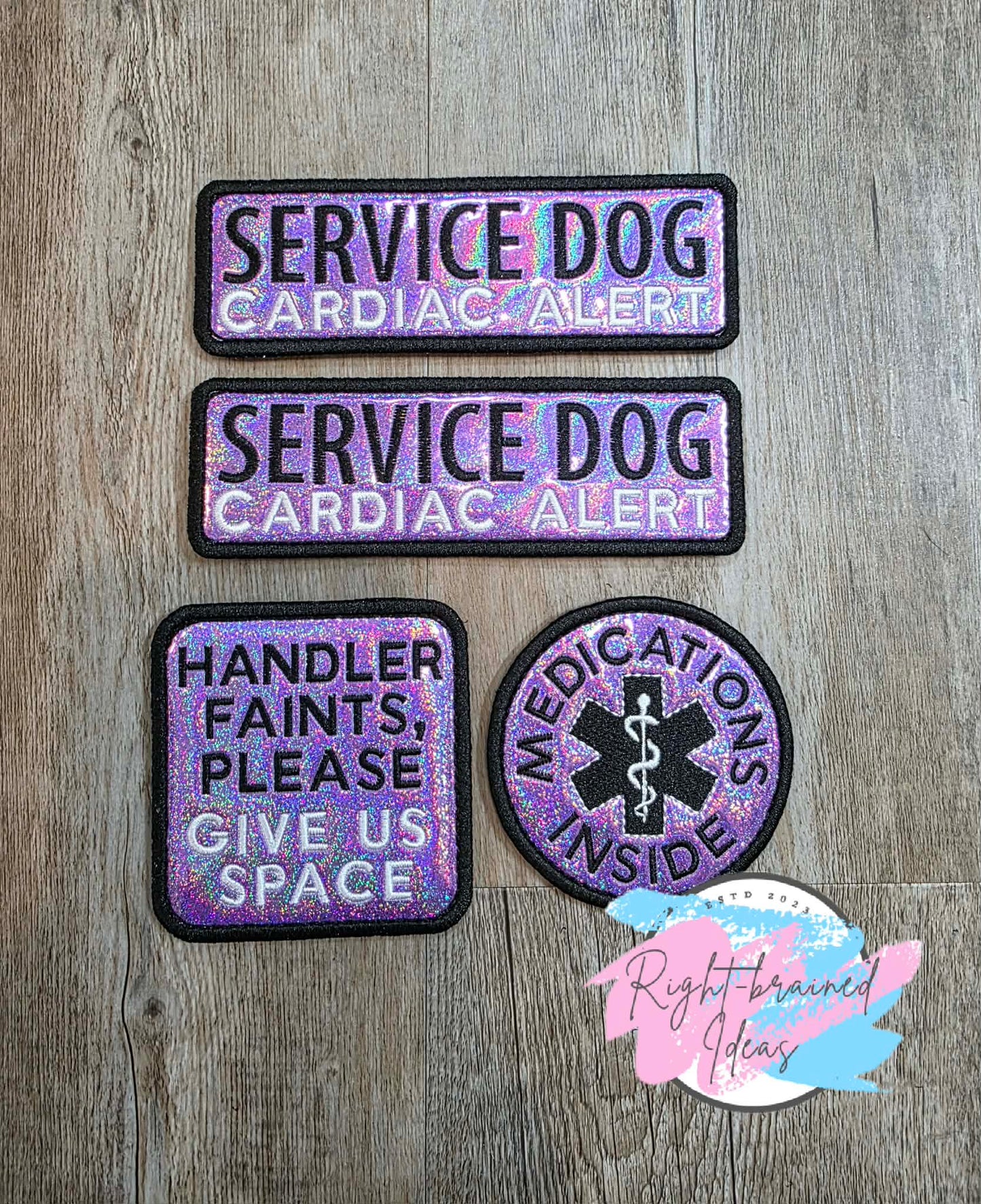 Service Dog Cardiac Alert Black And White On Sparkle Purple Holographic Vinyl Four-piece Patch Set
