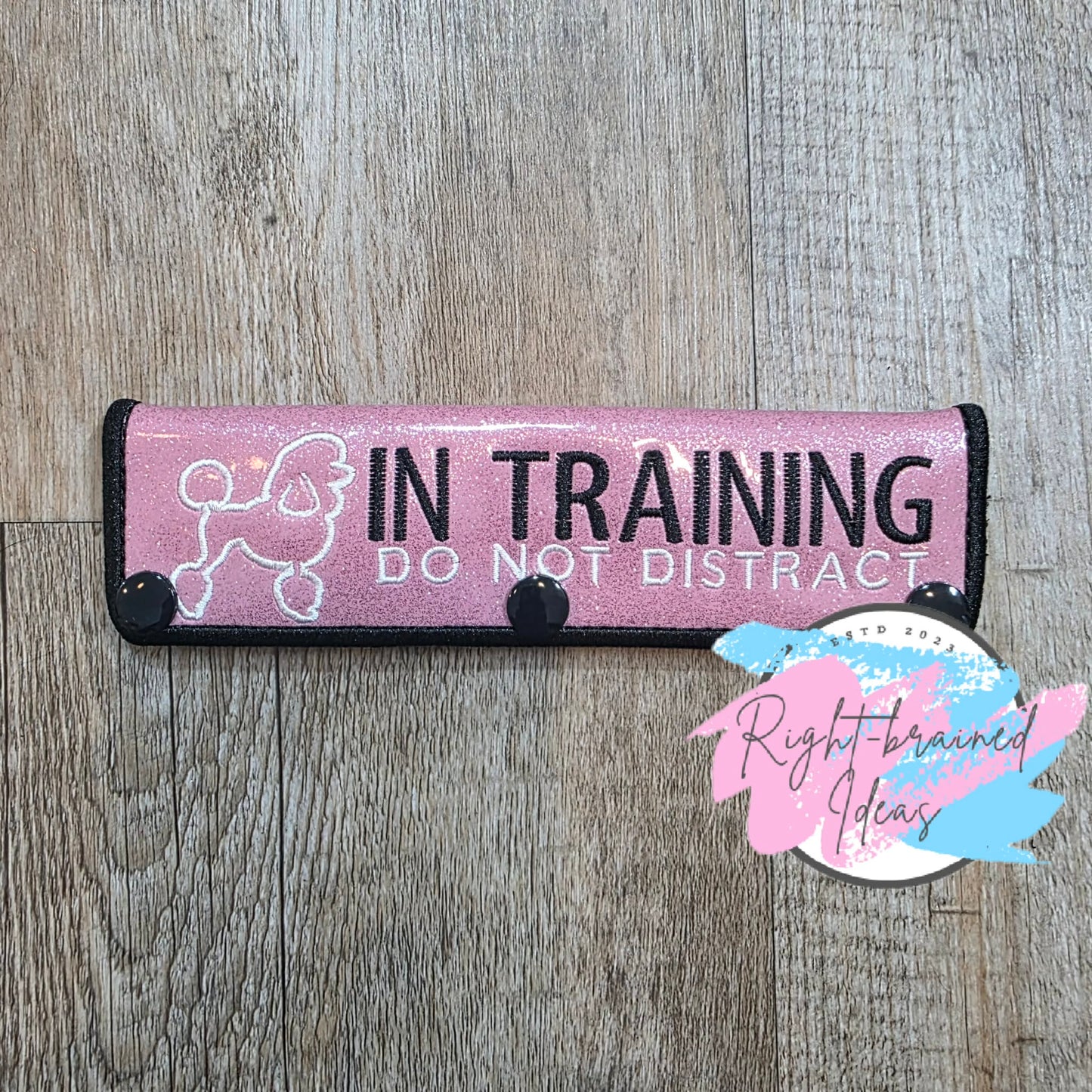 In Training Do Not Distract Black And White On Sparkle Light Pink Vinyl Two-piece Patch Tab And Leash Wrap Set