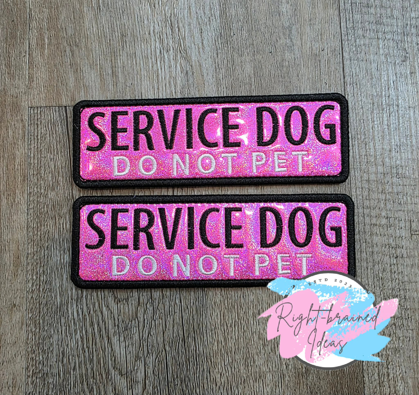 Service Dog Do Not Pet Black And White On Sparkle Pink Holographic Vinyl Five-piece Patch And Double-sided Leash Wrap Set