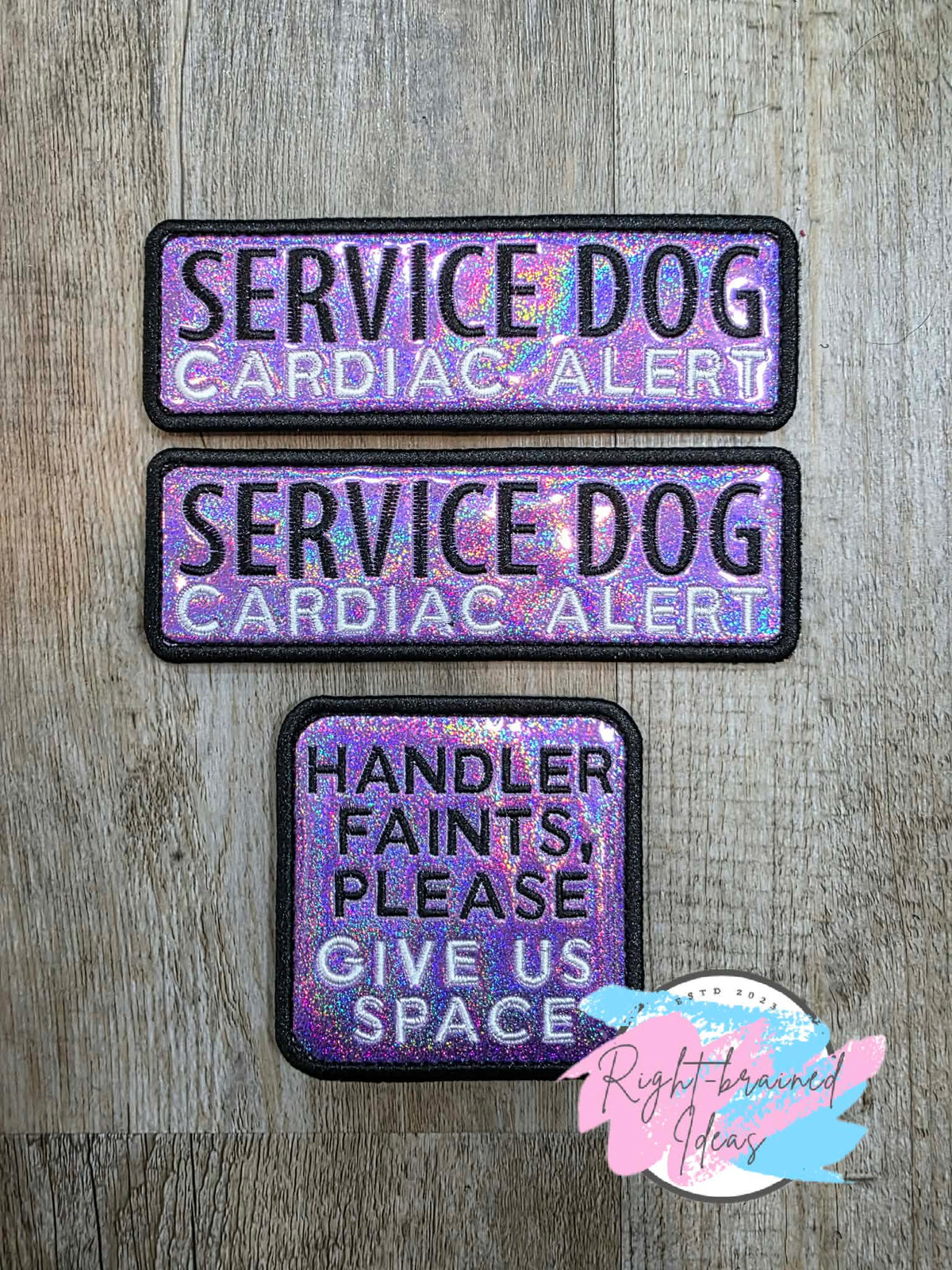 Service Dog Cardiac Alert White And Black On Sparkle Purple Holographic Vinyl Three-piece Patch Set