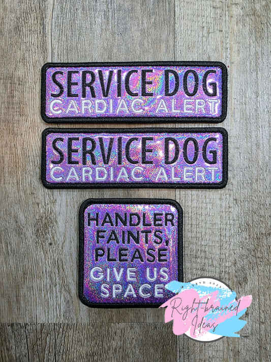 Service Dog Cardiac Alert White And Black On Sparkle Purple Holographic Vinyl Three-piece Patch Set