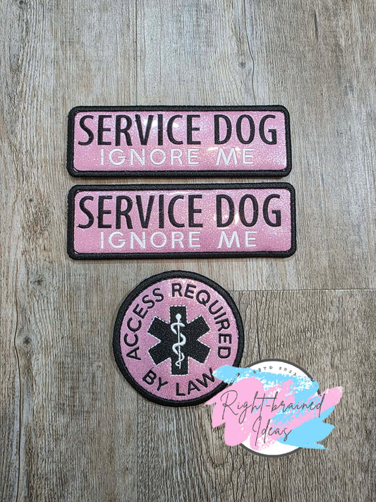 Service Dog Ignore Me White and Black On Sparkle Light Pink Vinyl Three-piece Patch Set