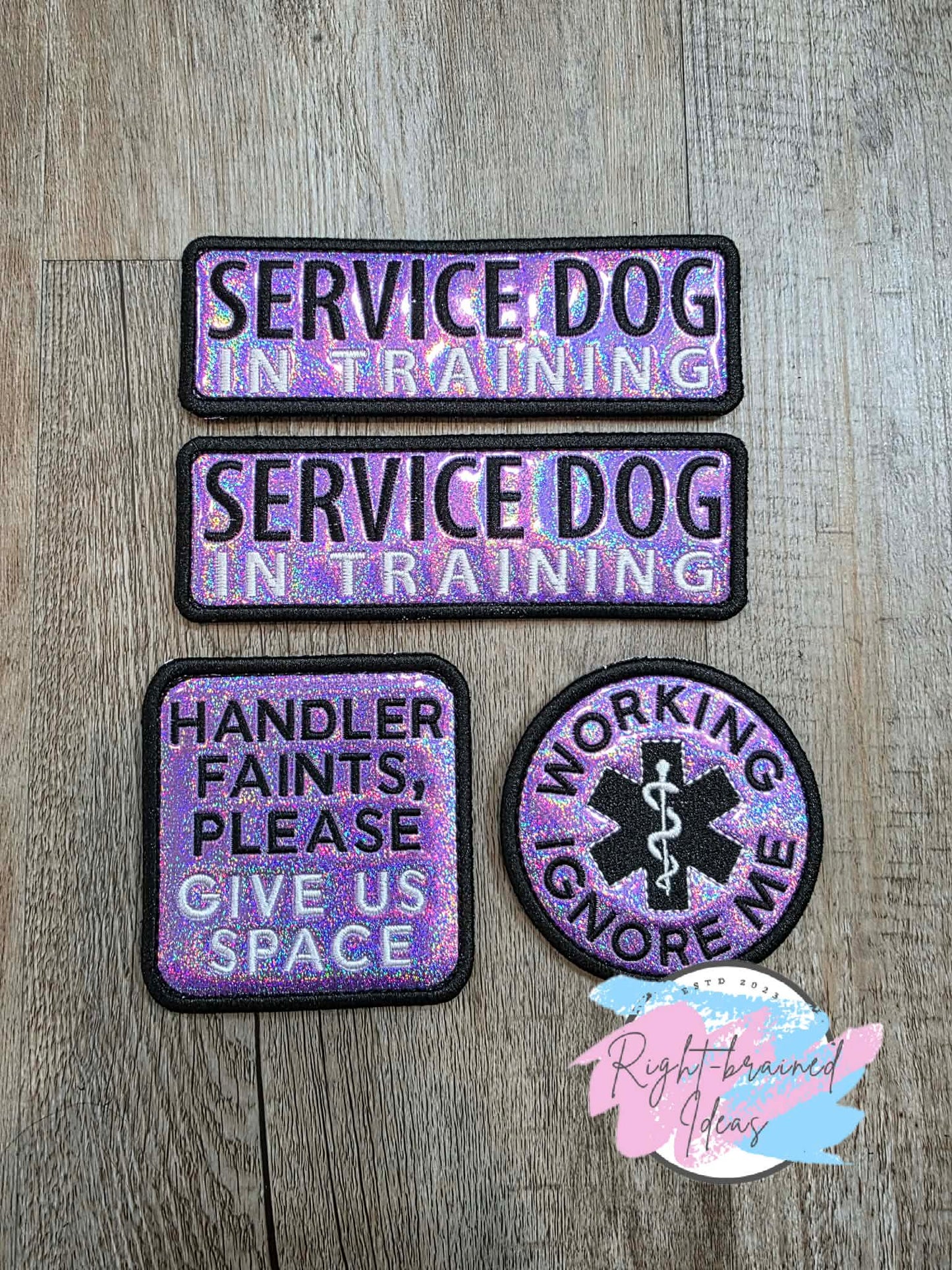 Service Dog In Training Black And White On Sparkle Purple Holographic Vinyl Four-piece Patch Set