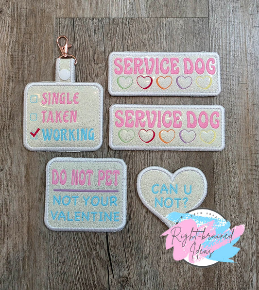 Fun-Size Frosted And Sassy Conversation Heart Inspired Service Dog Working Multi-colored On Sparkle White Vinyl Five-piece Patch And Patch Tab Set