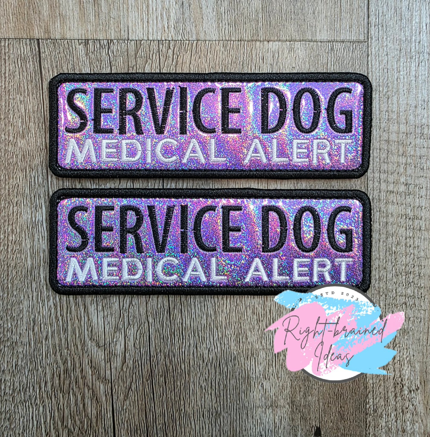 Service Dog Medical Alert Black And White On Sparkle Purple Holographic Vinyl Four-piece Patch Set