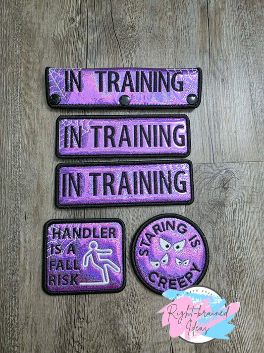 In Training Creepy Crawley Inspired Black and Glow-in-the-Dark White on Sparkle Purple Holographic Vinyl Five-piece Patch Set