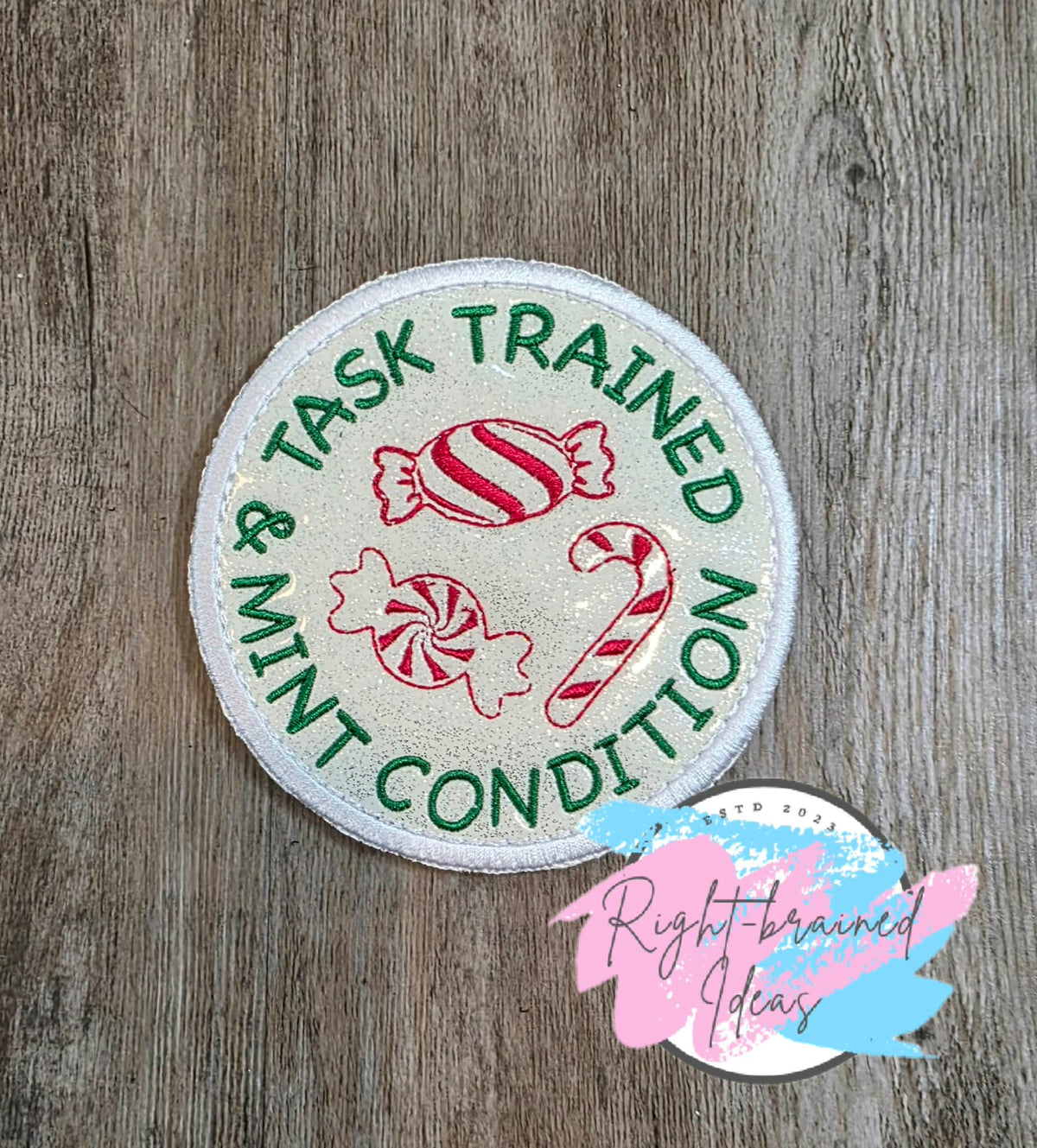 Peppermint Inspired Service Dog Red And Green On Sparkle White Vinyl Five-piece Patch And Leash Wrap Set
