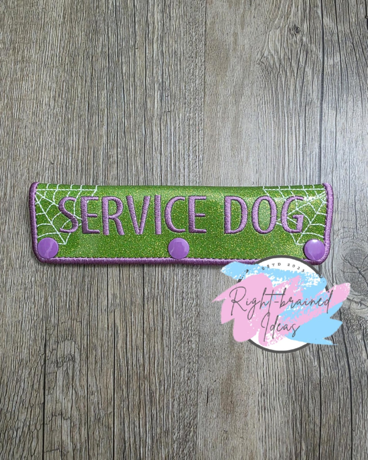 Service Dog Creepy Crawley Inspired Purple, Black and Glow-in-the-Dark White on Sparkle Lime Green Vinyl Five-piece Patch Set
