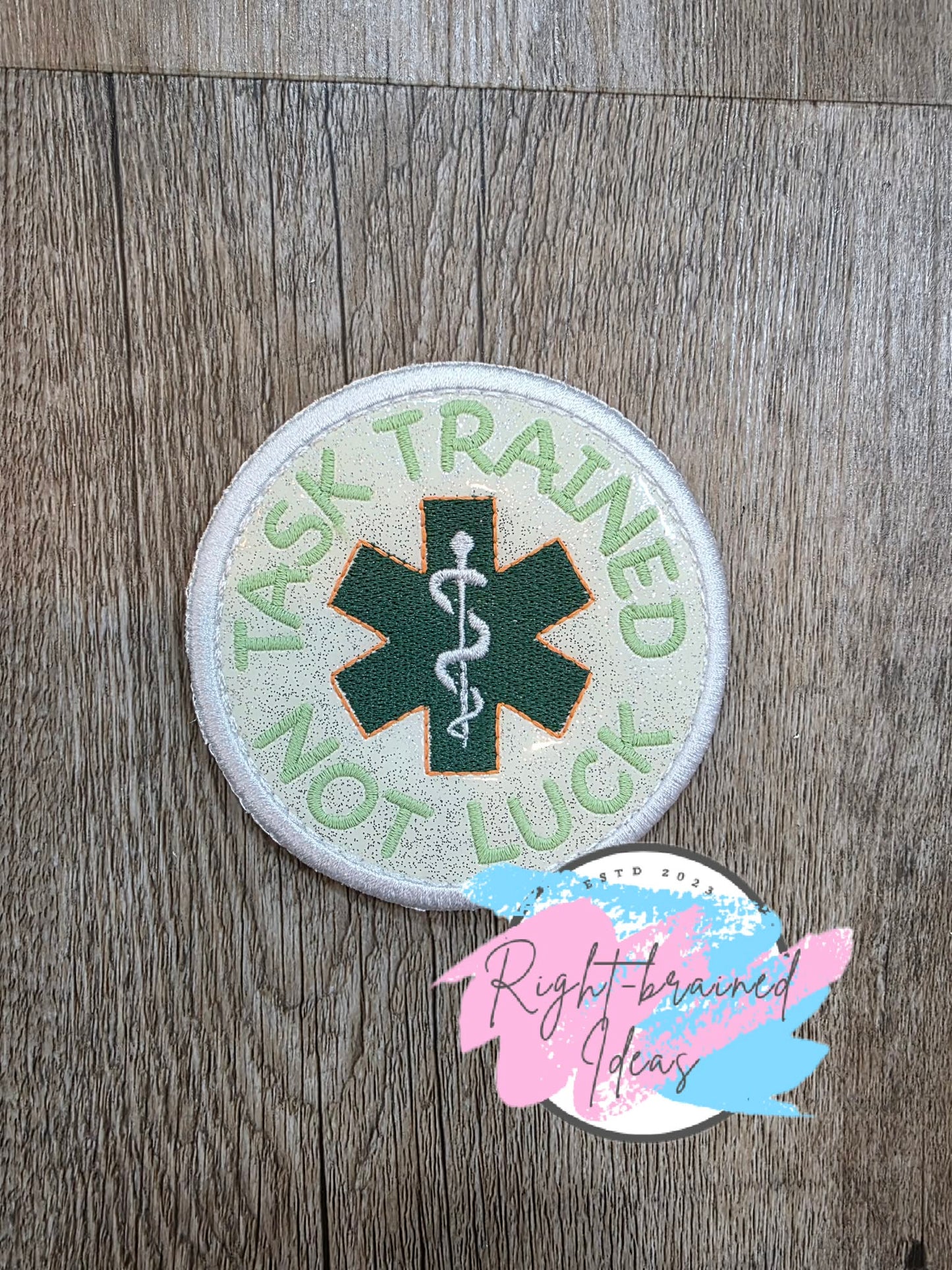 Shamrock Inspired Service Dog Cute But Working Flat Matt Mint Green, Flat Matt Forest Green, Flat Matt Orange And White On Sparkle White Vinyl Four-piece Patch Set