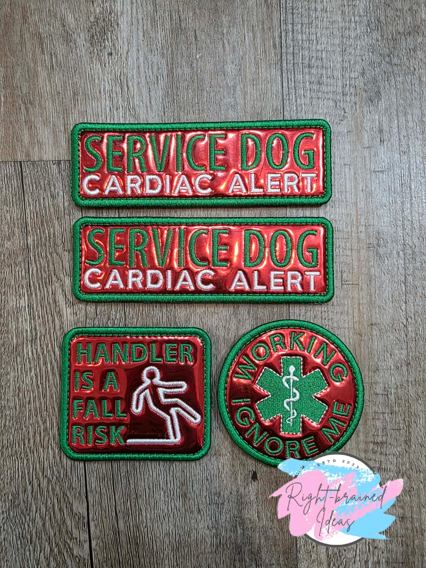Service Dog Ignore Me Satin Green And White On Red Metallic Vinyl Four-piece Patch Set