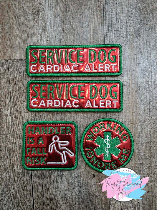 Service Dog Ignore Me Satin Green And White On Red Metallic Vinyl Four-piece Patch Set